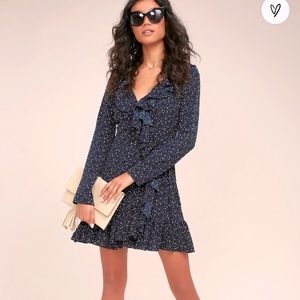 Lulus Spot On Navy Blue Polka Dot Wrap Dress